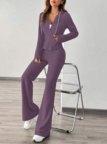 Chiquease Stylish Casual Sports Outfit For Women, 2pcs Set Fashion Hoodie Sweatshirt Jacket And Wide Leg Pants, Autumn