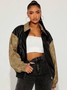SHEIN SXY Autumn/Winter Black & Khaki Color Block Distressed PU Race Car Driver Jacket For - Multicolor - View 5