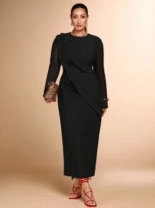 SHEIN BAE Vestido de manga larga de malla ajustado con cuello redondo, color rojo sólido, diseño de volantes multicapa, adecuado para fiestas de cócteles, citas románticas, vestido de punto de otoño e invierno, fiesta, evento formal, boda, dama de honor, cena, Halloween, Navidad, tallas grandes