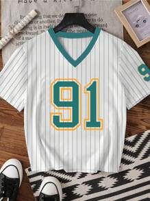 青少年女孩纯色 V 领短袖数字印花休闲 T 恤足球球衣 - 綠色 - 查看 1