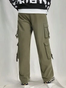 Mainfolk Men's Elastic Waist Straight-Leg Casual Cargo Pants - Army Green - View 2