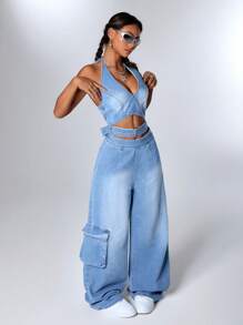 SHEIN ICON Women's Fashion Sexy Hollow Out Backless Halter Wide Leg Denim Jumpsuit - Medium Wash - View 6