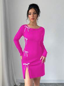 Elenzga 女士圆领长袖开衩下摆优雅蝴蝶结装饰连衣裙