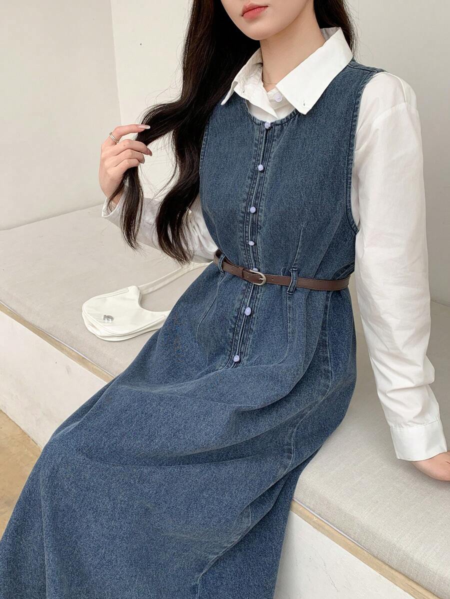 DAZY 女士牛仔背带连衣裙，无袖，秋季服装长款连衣裙 - 中等水洗藍 - 查看 1