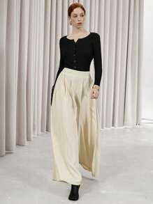 SHEIN Privé Pantalones largos de mujer con diseño plisado, adecuados para ir al trabajo y para citas, primavera Día de San Valentín