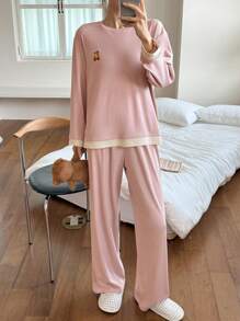 DAZY 休闲熊图案拼接宽松家居服套装秋冬睡衣 - 粉色 - 查看 4