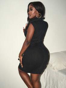 Slaydiva 女士时尚镂空后背拉链紧身牛仔连衣裙，夏季 - 黑色 - 查看 3