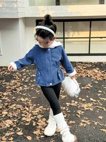 SHEIN 女孩休闲蓝色牛仔夹克搭配可爱仿仿仿兔毛连帽衫，学院风夹克，秋冬新品 - 深色水洗藍 - 查看 3