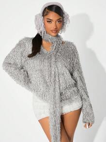 SHEIN SXY Suéter casual de mujer con cuello en V de metal plateado, con calientacuello, mangas largas, para invierno - Plateado - Ver 3