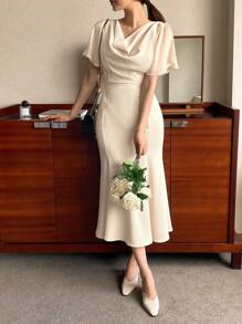 DAZY Vestido elegante de manga corta con cuello de volantes y cola de pez para mujeres