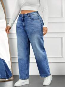 SHEIN Cottnline Plus Size Solid Color Washed Straight Jeans - Light Wash - View 5