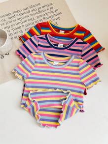Baby Girl 3pcs/Set Cute Colorful Striped Short Sleeve Knit Tops, Summer