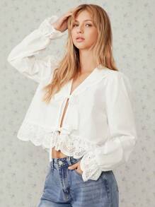 Easelle 女士翻领水溶性刺绣蝴蝶结前开襟灯笼袖荷叶边宽松白色衬衫 - 白色 - 查看 6