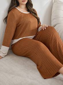 Lazeform Contrast Color Block Rib Knit Loose Long Sleeve Pajama Set, Plus Size
