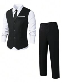 SHEIN 2 pièces Ensemble costume pour garçons adolescents, style de gentleman ajusté mince Gilet + Pantalon long de haute qualité, tenue de soirée élégante pour anniversaire, banquet, mariage
