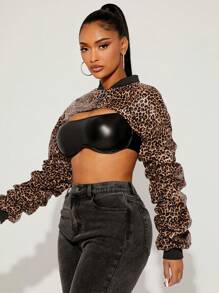 SHEIN x Carly Lawrence SHEIN SXY Spring & Summer Fashionable Ultra-Short Leopard Print Biker Jacket Leopard Print