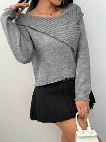 Chiquease Women Frill Trim V-Neck Crossed Front Long Sleeve Knit Pullover Sweater Fall Winter - Dark Grey - View 7