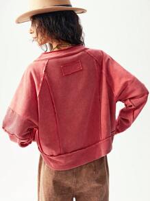 Bohemela Camiseta holgada de mujer de punto con cuello en V de unicolor y parches