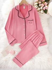 SHEIN Girls Long Sleeve Top And Pants Watermelon Print Casual Two-Piece Pajamas Set