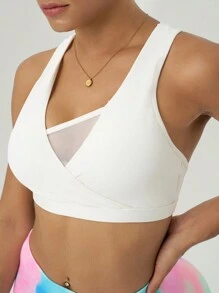 SHEIN Sports Women's Sleeveless Mesh Contrast Simple Casual Sports Bra - White - View 1