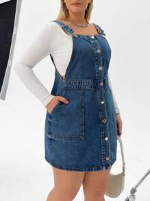 RueChic Plus Slant Pocket Button Front Overall Denim Dress - Medium Wash - View 1