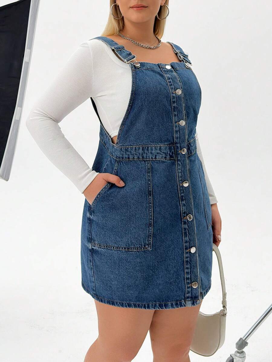 RueChic Plus Slant Pocket Button Front Overall Denim Dress - Medium Wash - View 1