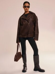 MUSERA Distressed Faux Leather Biker Jacket - Brown - View 3