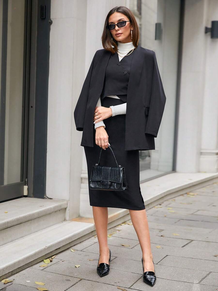 EURMUSE Bộ đồ công sở thường ngày cho nữ: Áo vest blazer và váy 3 mảnh - màu đen - Xem 1