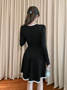 DAZY Robe mi-longue élégante à col rond et manches longues avec dentelle contrastée, robe d'automne pour femmes - Noir - Voir 5