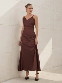RueChic Vestido maxi de satén con cuello en V para mujer, elegante para fiesta de noche