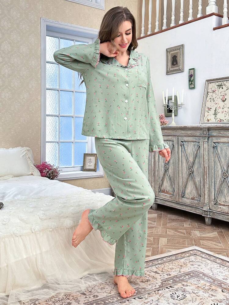 CottageSlumber Ditsy Floral Bubble Ruffle Collar Button-Front Long Sleeve Top & Pants Pajama Set Holiday Season, Bountiful Floral Splendor, Fall Winter Clothes Cozy And Elegant Details - Green - View 6