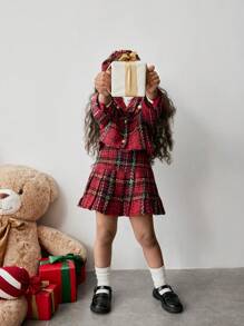 Maija Kids Maija Kids 3 pièces Ensemble jeune fille veste en tweed épaisse, jupe plissée et chapeau, décontracté - Rouge - Voir 4