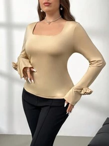 SHEIN Privé Plus Size Women Elegant Square Neck Solid Color Comfy Casual Pullover Knitted Top, Trumpet Sleeve, Suitable As Baselayer Or Outerwear Layer - Apricot - View 5