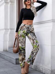 SHEIN EZwear 女士休闲宽松百搭常规腰部迷彩印花编织牛仔裤，欧美街头风格，适合所有季节 - 彩色 - 查看 3