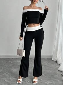 INAWLY 2pcs Women's Color Block Off Shoulder Top And Flare Leg Pants Elegant Casual Suit