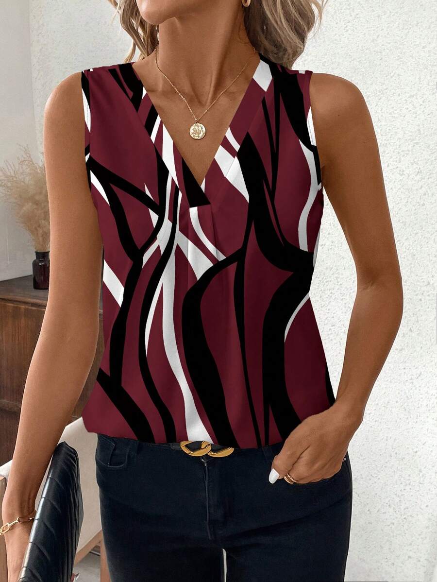 SHEIN Clasi Casual Asymmetrical Stripe Pattern V-Neck Women Tank Top, Spring/Summer Chic Blouses For Women - Burgundy - View 1
