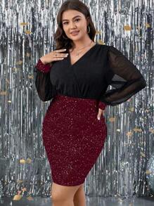 SHEIN Clasi Plus Size Spring/Summer Patchwork Sequin Bodycon Dress, Suitable For Parties, For Christmas Burgundy Color Women Outfit