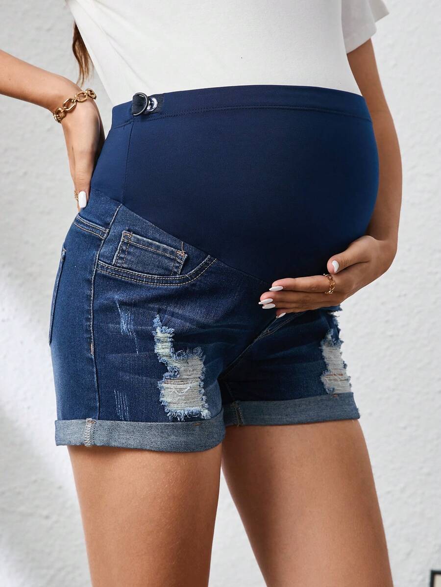 SHEIN Maternity Elastic Denim Shorts, Casual And Chic For Everyday Wear