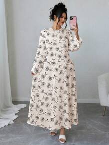 Flirla Plus Size Women Black Rose Print Long Sleeve Dress - Multicolor - View 8
