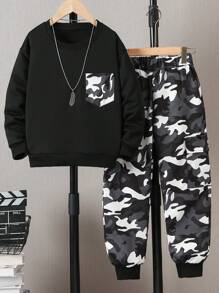 SHEIN Tween Boy 户外保暖简约街头风实用长裤和连帽衫套装