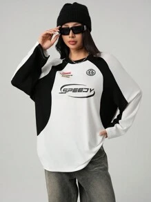 SHEIN EZwear Women's Streetwear Graphics Color-Blocked Crew Neck T-Shirt