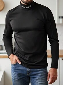 Manfinity LEGND Camiseta informal de manga larga con cuello alto y estampado de letras, estilo minimalista, para hombres de talla grande