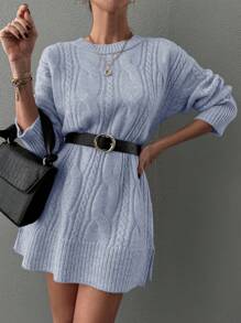 EURMUSE Cable Knit Split Hem Drop Shoulder Sweater Dress Without Belt - Baby Blue - View 1