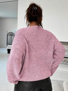 INAWLY Plus Size Casual Plain Color Lantern Sleeve Sweater, Autumn/Winter Knit Pullover Fall - Pink - View 2