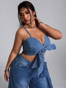 SHEIN EZwear 大码女式前打结短款性感吊带背心 - 藍色 - 查看 6