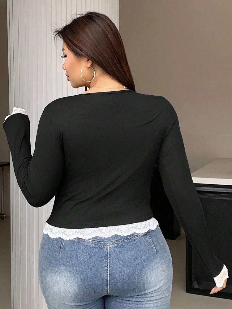 Dazy Petite Plus Round Neck Solid Color Contrast Lace Slim Fit Long Sleeve T-Shirt, Black, Spring/Summer/Autumn,Fall Women Clothes