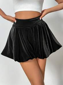 Chiquease Damen Shorts mit hoher Taille, Samtschleifendekor, aufgebauscht, Schwarz, süß und zierlich, für Herbst/Winter