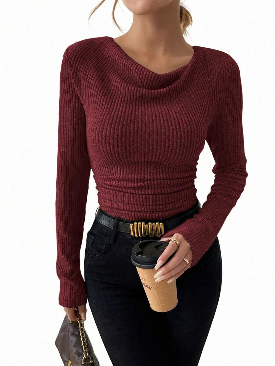 RosyDaze Camiseta vintage assimétrica com decote drapeado texturizada e manga comprida justa