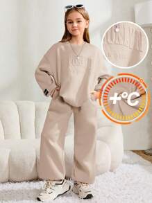 Conjunto de 2 piezas (sudadera y pantalón deportivo) informal suelto para niña preadolescente con detalles grabados con letras y parche gráfico de letras en cuello redondo