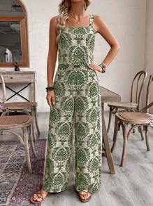 EMERY ROSE 2pcs/Set Women's Vacation Outfit: Crop Top With Spaghetti Strap + Palazzo Pants, Print - Green - View 5
